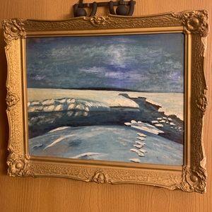 Vintage Original Oil Painting of “winter landscape on a river”